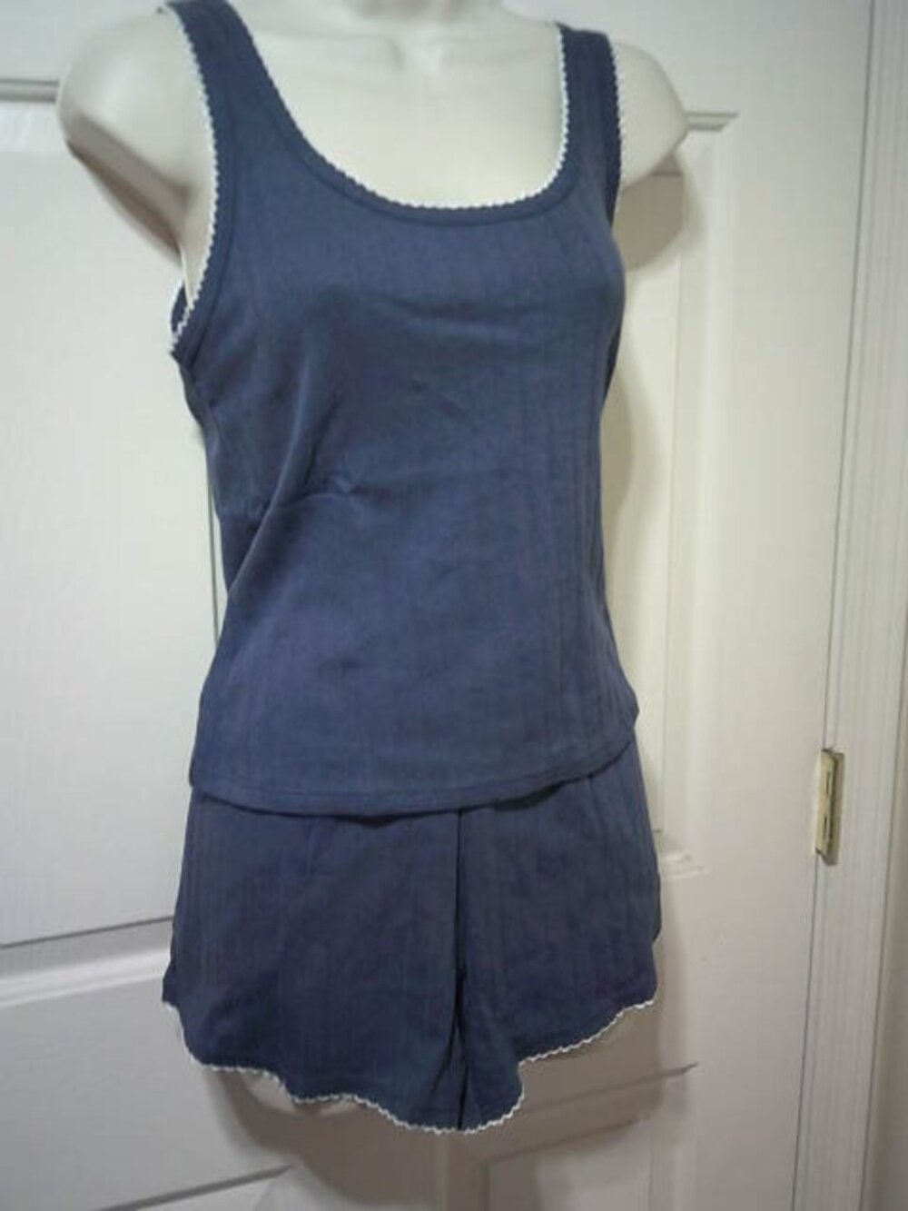 WOMEN'S SZ S 4-6 JOYSPUN 2 PC TANK & SHORT SET LOUNGE OUTFIT BLUE WHITE TRIM 👩